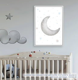 Quadro Infantil Lua Crescente Aquarela Cinza - Vertical 