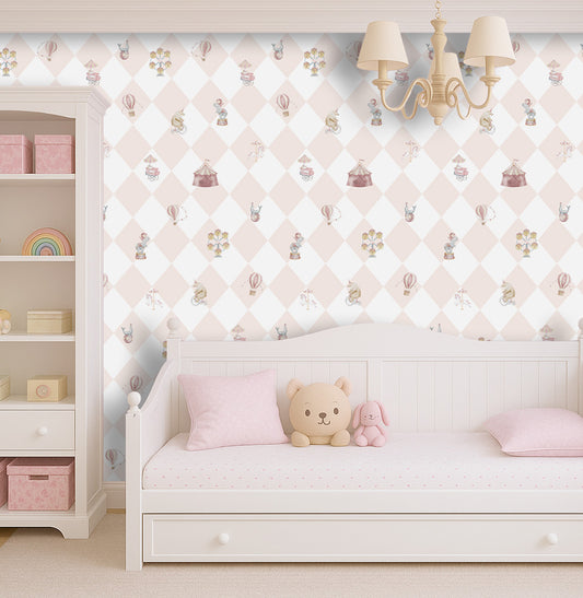 Papel de Parede Infantil Circo com Losango - Rosa