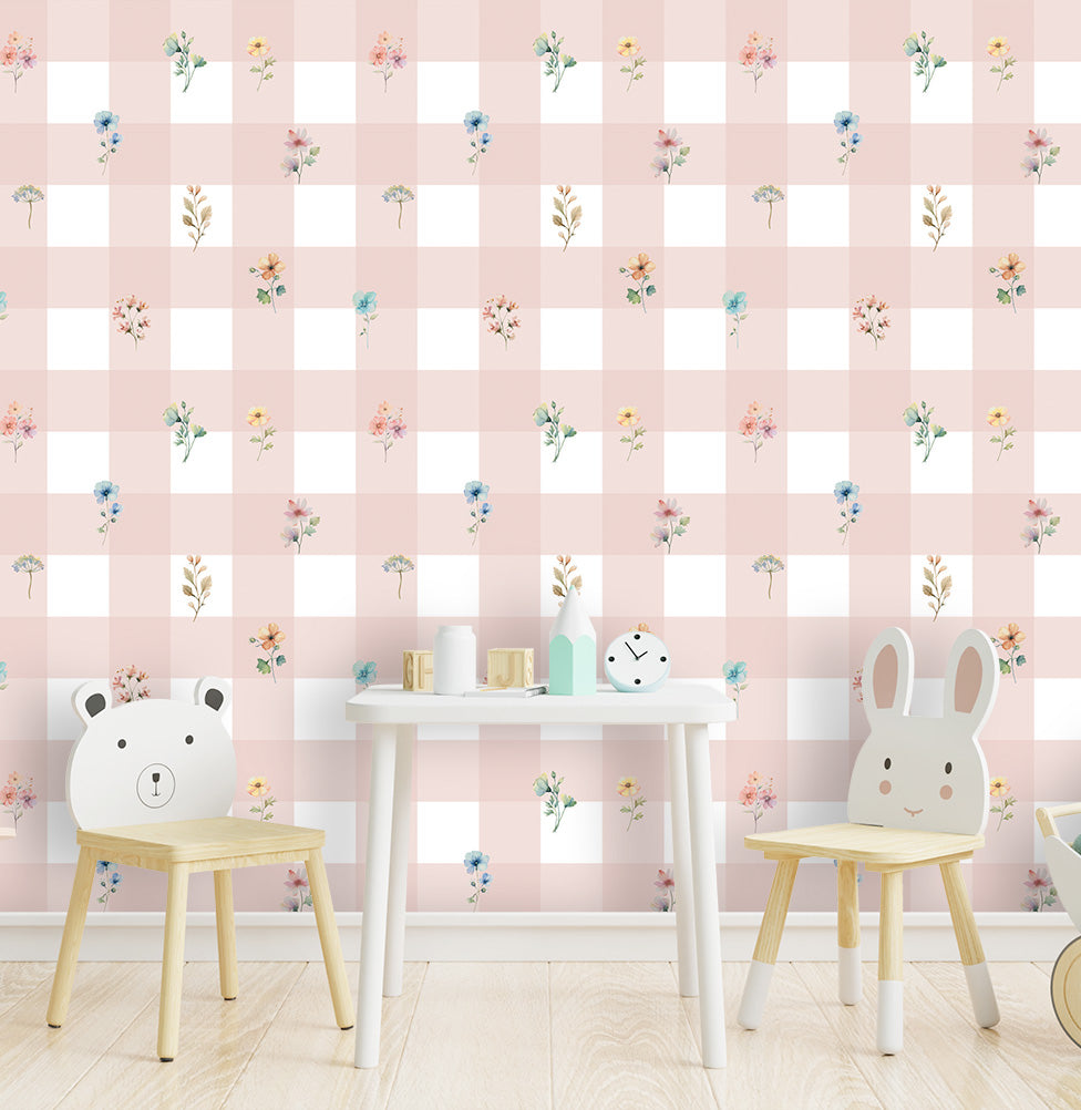 Papel de Parede Infantil Xadrez com Flores Paris - Rosa