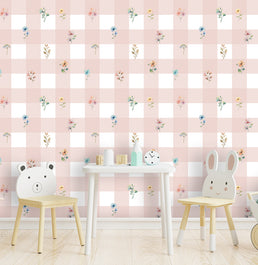 Papel de Parede Infantil Xadrez com Flores Paris - Rosa