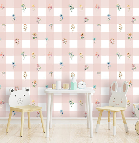 Papel de Parede Infantil Xadrez com Flores Paris - Rosa