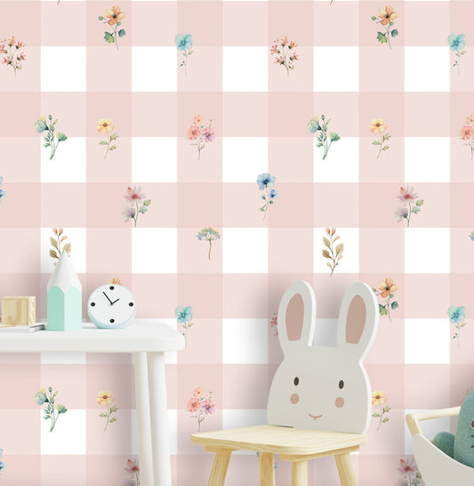 Papel de Parede Infantil Xadrez com Flores Paris - Rosa