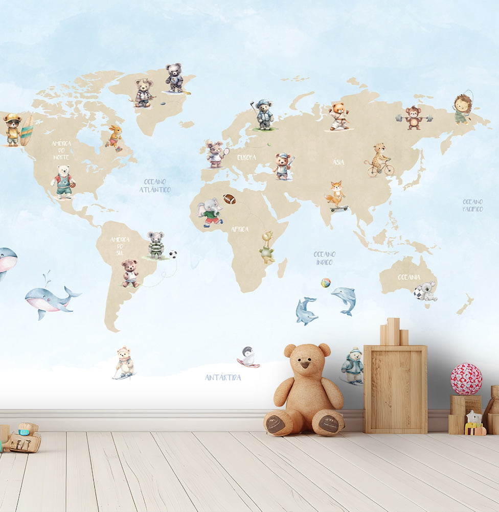 Papel de Parede Infantil Mapa com Animais Esportistas - Mural