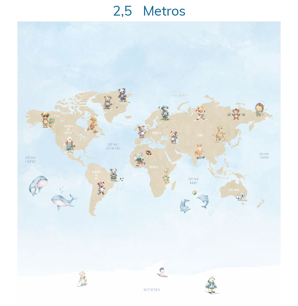 Papel de Parede Infantil Mapa com Animais Esportistas - Mural