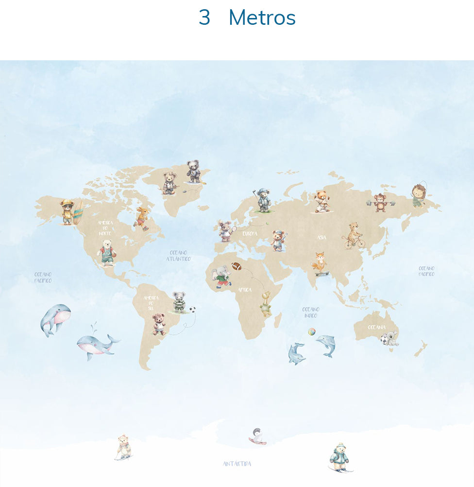 Papel de Parede Infantil Mapa com Animais Esportistas - Mural