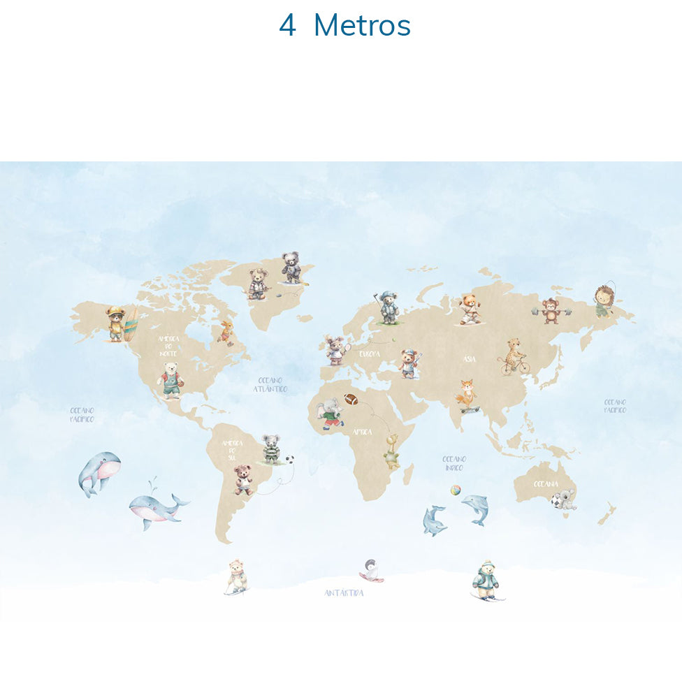 Papel de Parede Infantil Mapa com Animais Esportistas - Mural
