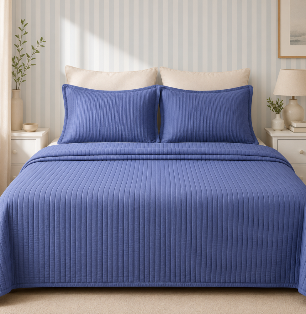 Kit Colcha Casal Listra 3 Peças - Azul Jeans