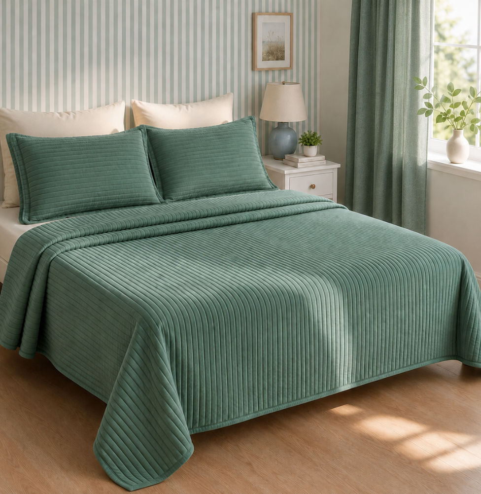 Kit Colcha Casal Listra 3 Peças - Verde Seco