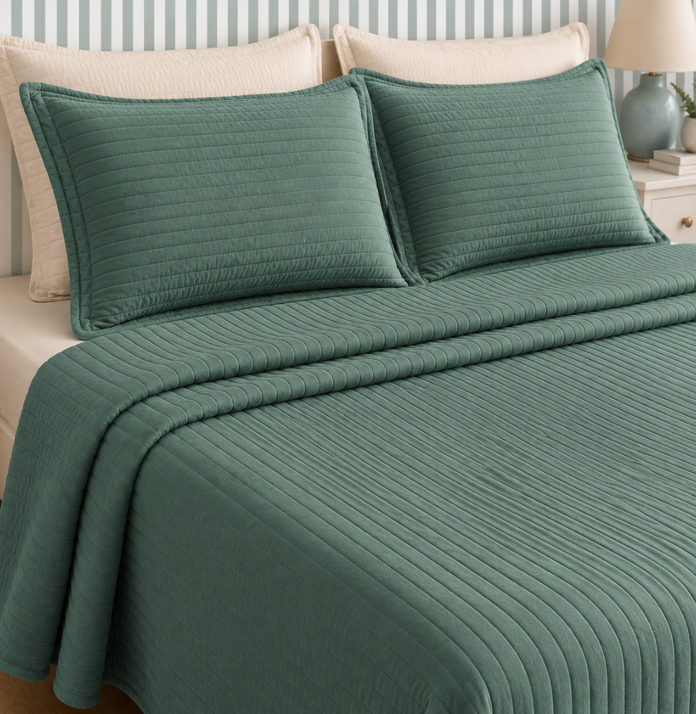 Kit Colcha Casal Listra 3 Peças - Verde Seco