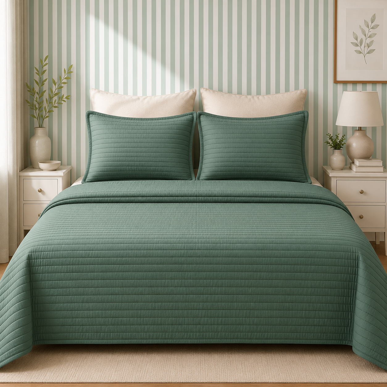 Kit Colcha Casal Listra 3 Peças - Verde Seco