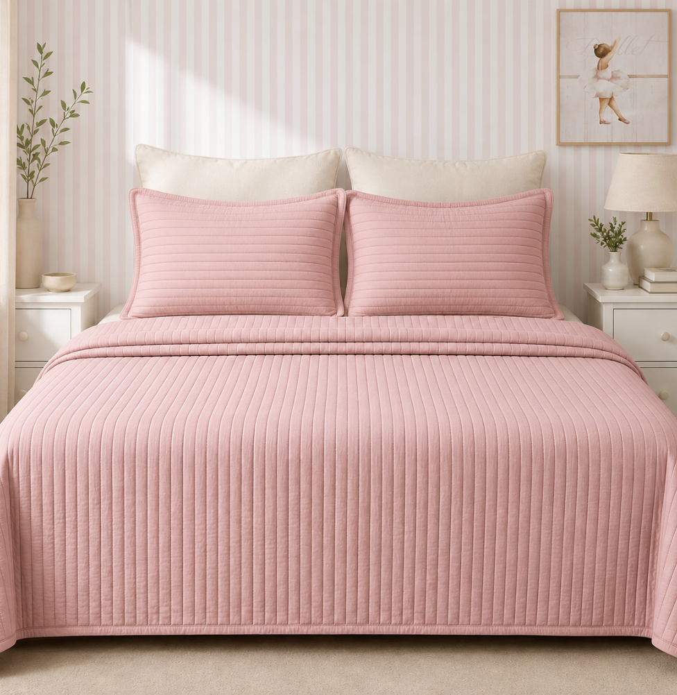 Kit Colcha Casal Listra 3 Peças - Rosa Chá