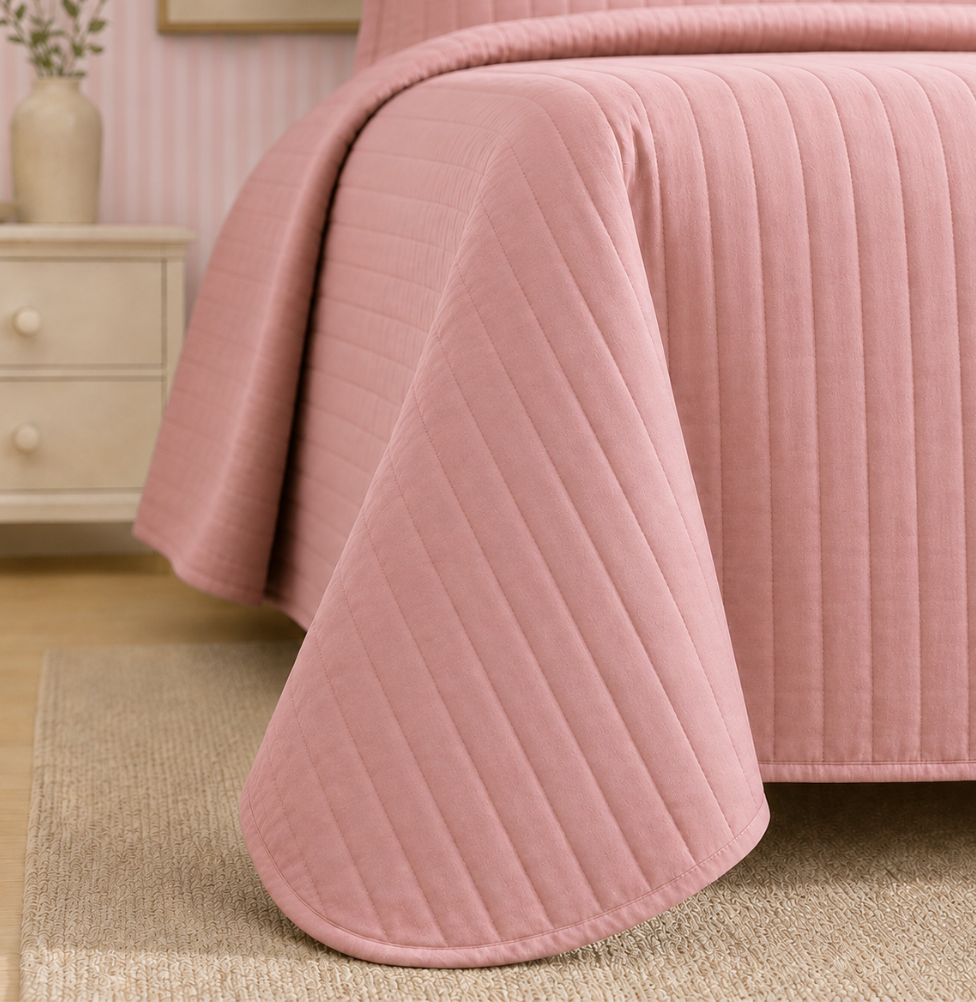 Kit Colcha Casal Listra 3 Peças - Rosa Chá