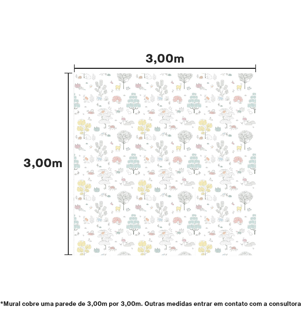 Papel de Parede Adesivo Árvores e Bichos Color 3,00 x 3,00m - Bota Fora