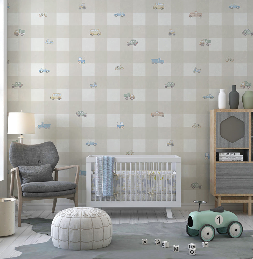 Papel de Parede Xadrez com Carros Aquarela Bege - Mural