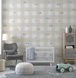 Papel de Parede Xadrez com Carros Aquarela Bege - Mural