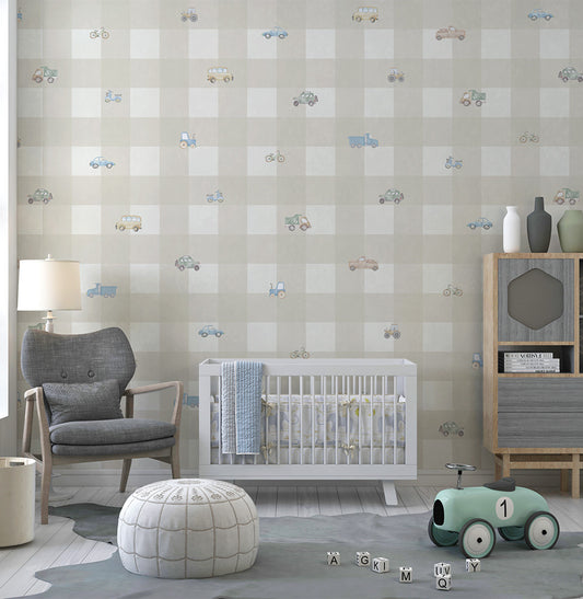 Papel de Parede Xadrez com Carros Aquarela Bege - Mural
