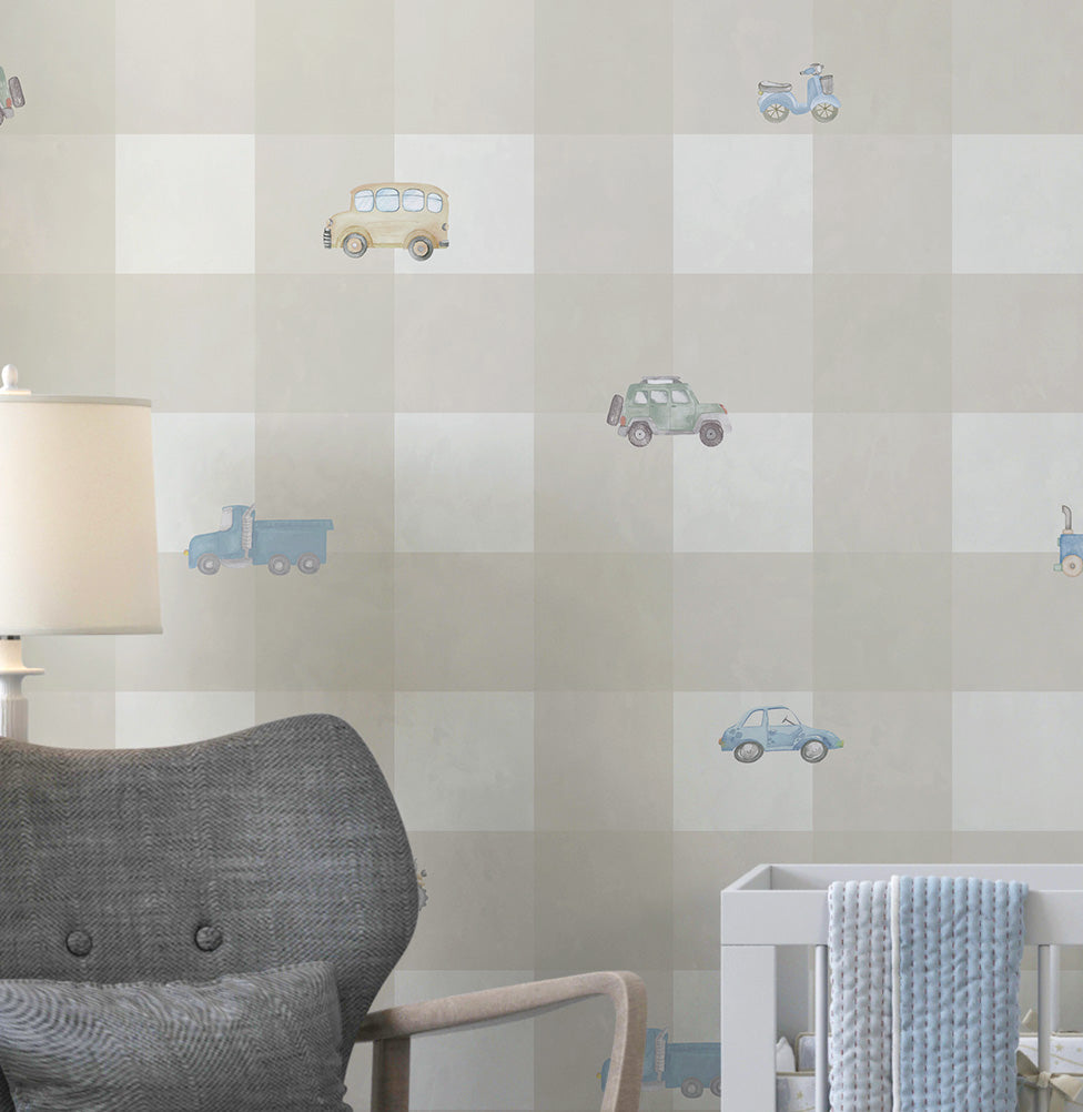 Papel de Parede Xadrez com Carros Aquarela Bege - Mural