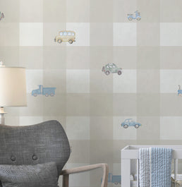 Papel de Parede Xadrez com Carros Aquarela Bege - Mural