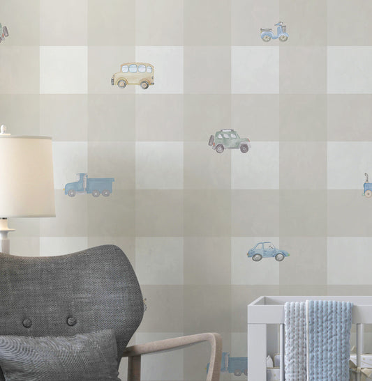 Papel de Parede Xadrez com Carros Aquarela Bege - Mural