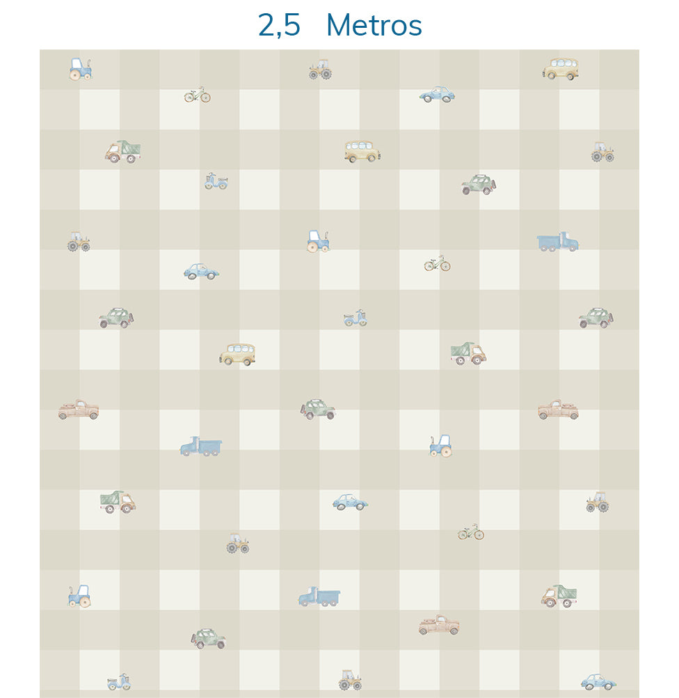 Papel de Parede Xadrez com Carros Aquarela Bege - Mural