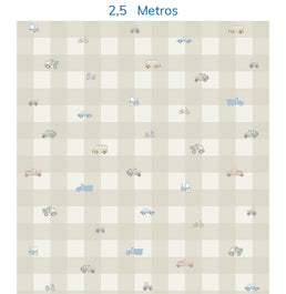 Papel de Parede Xadrez com Carros Aquarela Bege - Mural