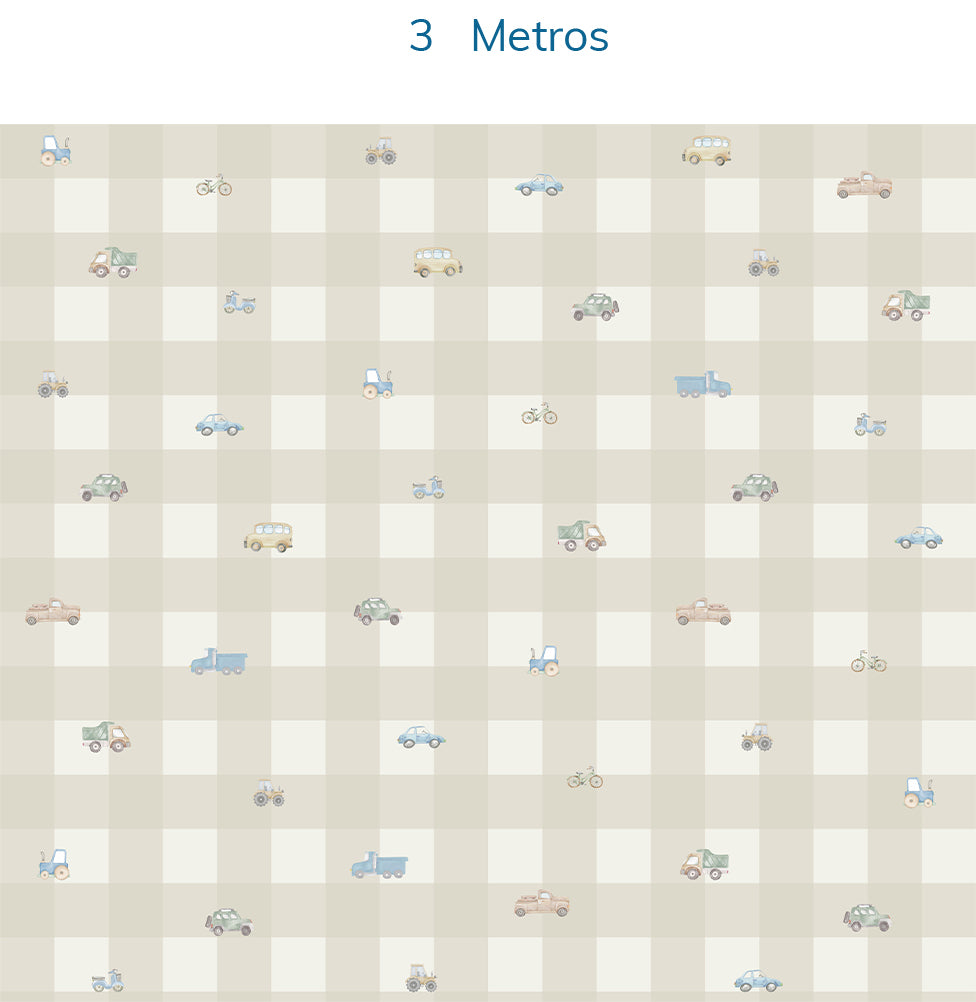 Papel de Parede Xadrez com Carros Aquarela Bege - Mural