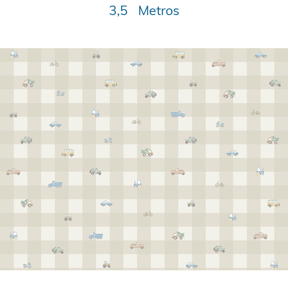 Papel de Parede Xadrez com Carros Aquarela Bege - Mural