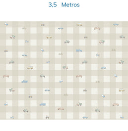 Papel de Parede Xadrez com Carros Aquarela Bege - Mural