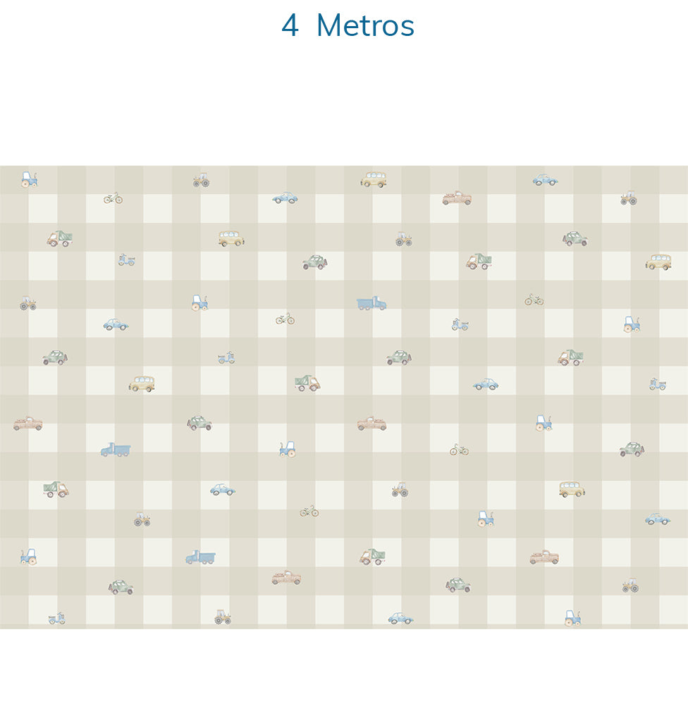 Papel de Parede Xadrez com Carros Aquarela Bege - Mural