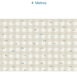 Papel de Parede Xadrez com Carros Aquarela Bege - Mural