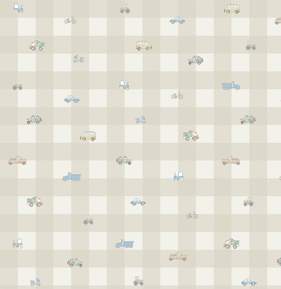 Papel de Parede Xadrez com Carros Aquarela Bege - Mural