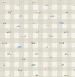 Papel de Parede Xadrez com Carros Aquarela Bege - Mural