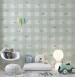 Papel de Parede Xadrez com Carros Aquarela Verde - Mural