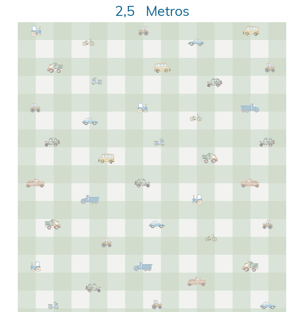 Papel de Parede Xadrez com Carros Aquarela Verde - Mural