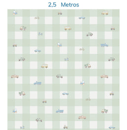 Papel de Parede Xadrez com Carros Aquarela Verde - Mural