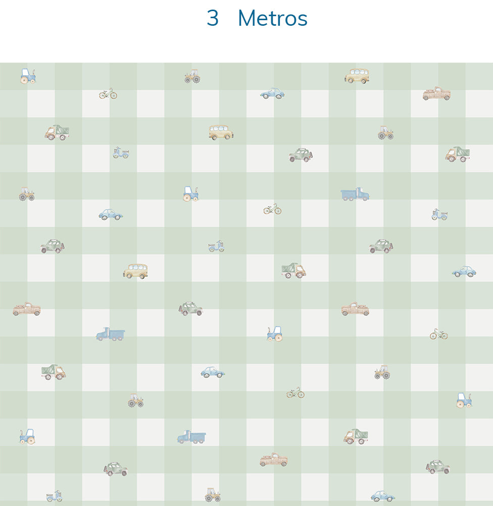 Papel de Parede Xadrez com Carros Aquarela Verde - Mural