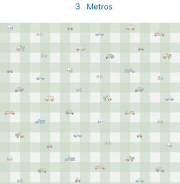 Papel de Parede Xadrez com Carros Aquarela Verde - Mural