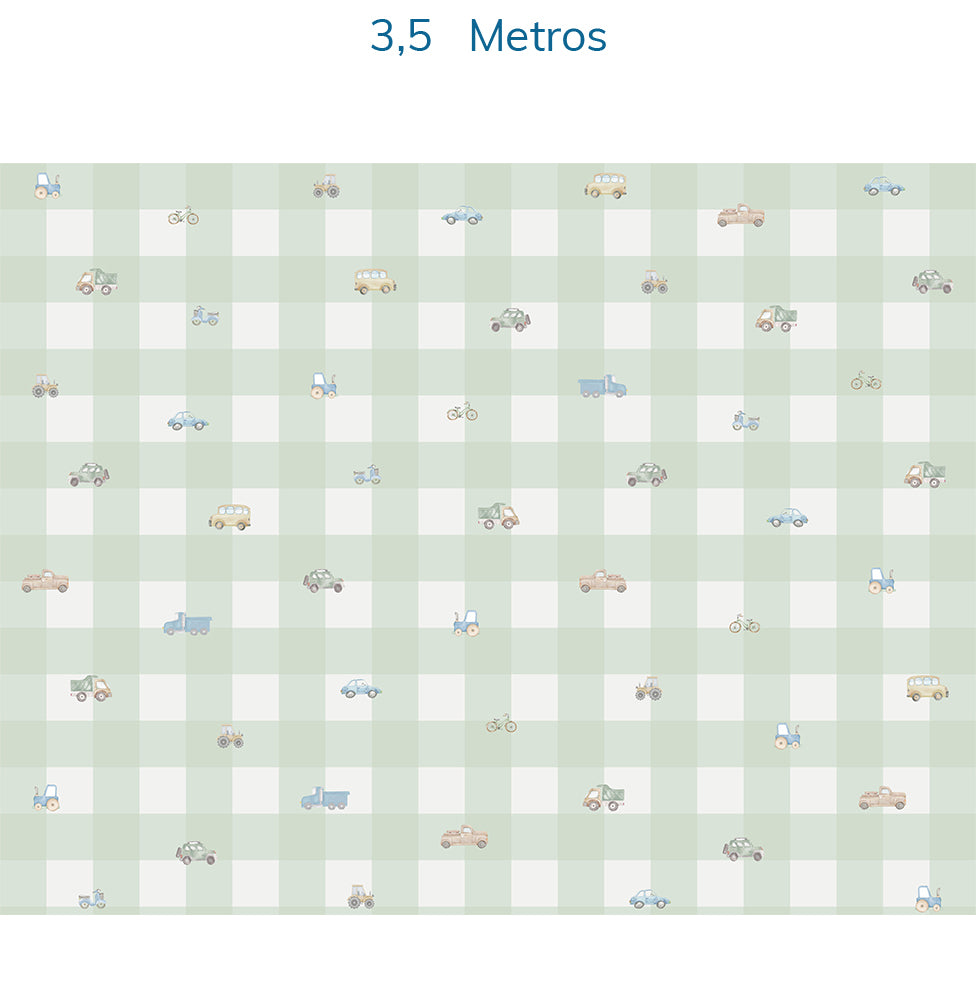 Papel de Parede Xadrez com Carros Aquarela Verde - Mural