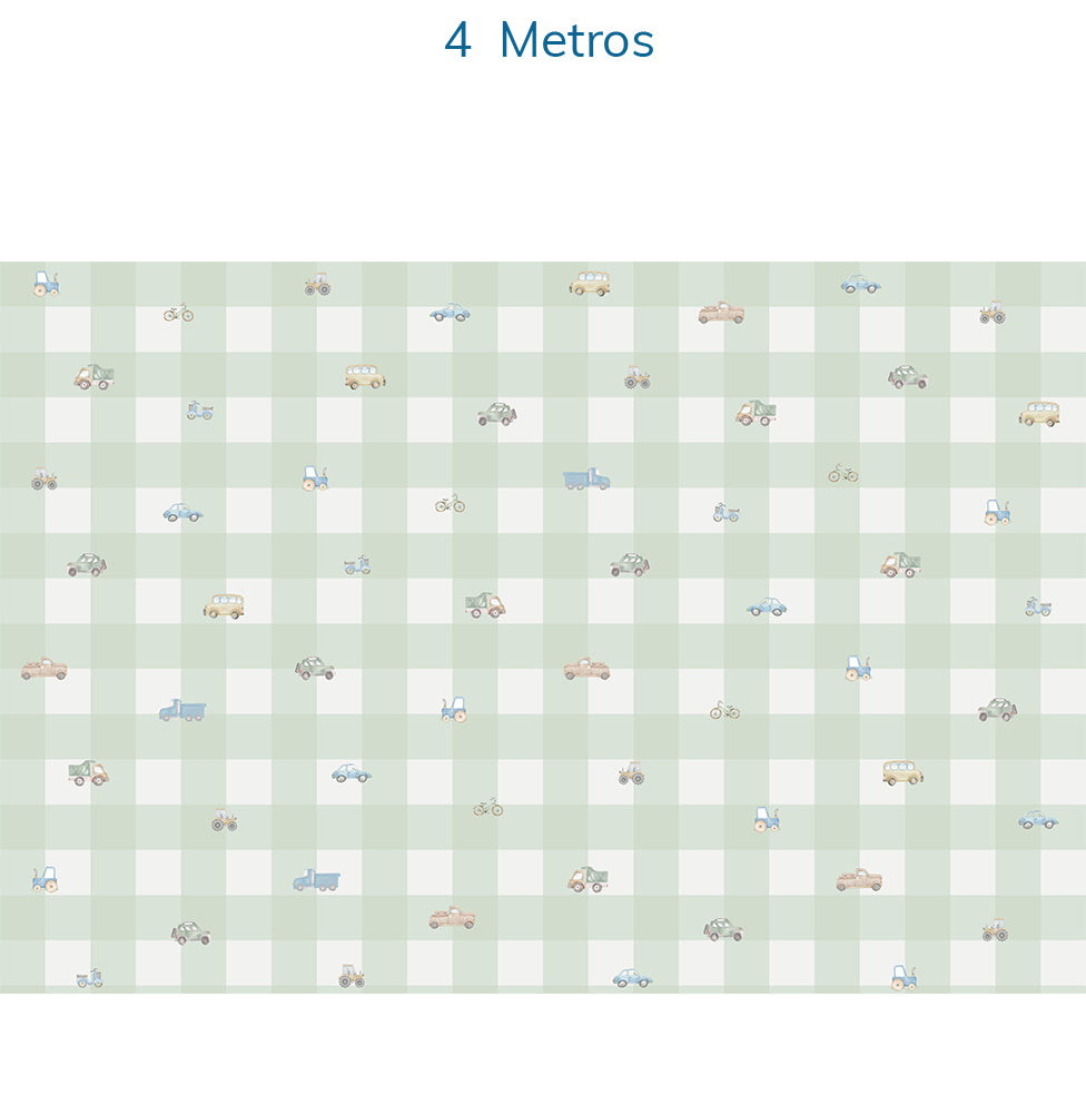 Papel de Parede Xadrez com Carros Aquarela Verde - Mural