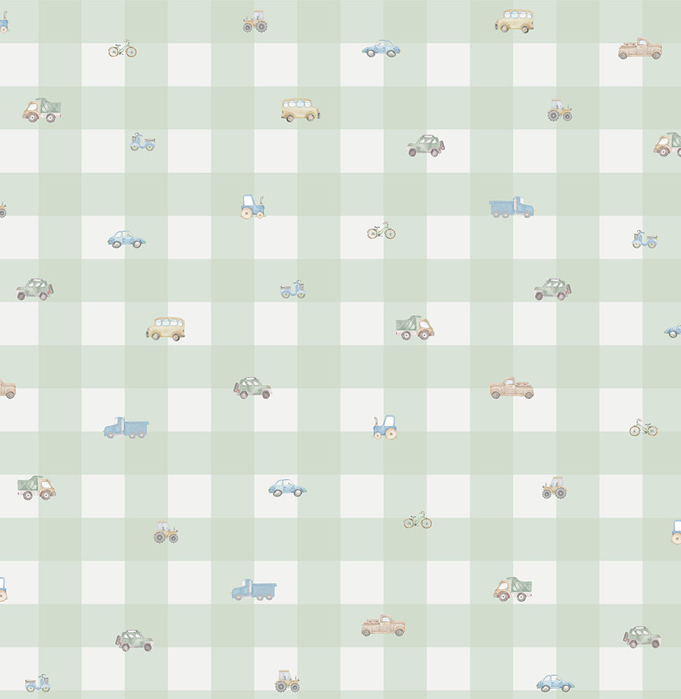 Papel de Parede Xadrez com Carros Aquarela Verde - Mural