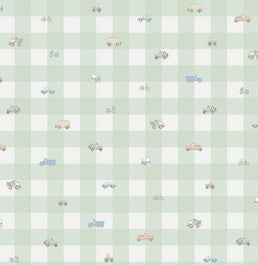 Papel de Parede Xadrez com Carros Aquarela Verde - Mural