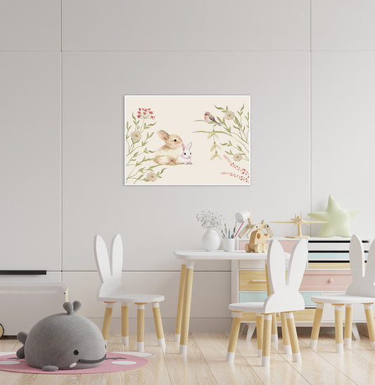 Quadro Infantil Coelho Floral Família Secrets Bege