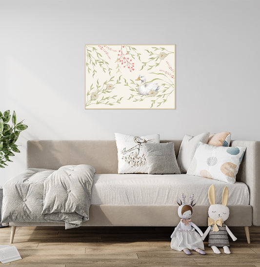 Quadro Infantil Ganso com Flores Secrets Bege