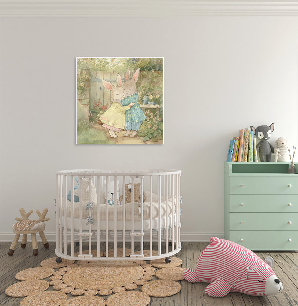 Quadro Infantil Coelhos Abraçados Secrets Verde