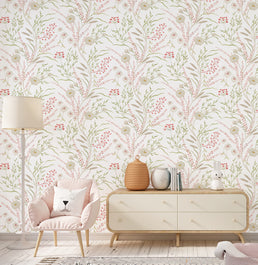 Papel de Parede Infantil Floral Secrets – Rosa Fundo Branco