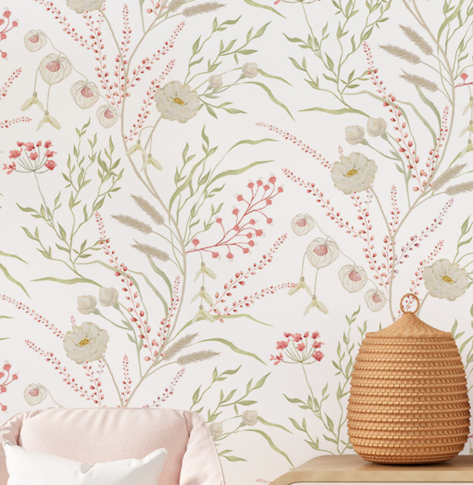 Papel de Parede Infantil Floral Secrets – Rosa Fundo Branco