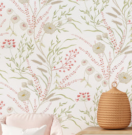 Papel de Parede Infantil Floral Secrets – Rosa Fundo Branco