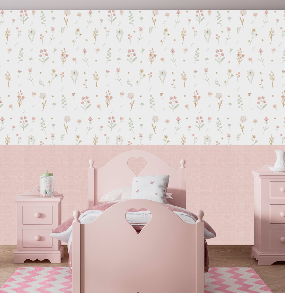 Papel de Parede Infantil Flores Candy Verde e Rosa com Linho – Mural