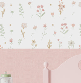 Papel de Parede Infantil Flores Candy Verde e Rosa com Linho – Mural