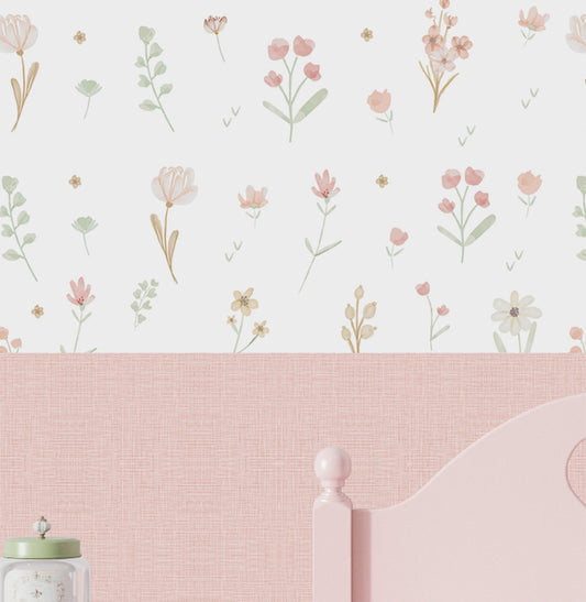 Papel de Parede Infantil Flores Candy Verde e Rosa com Linho – Mural